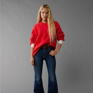 American Eagle Whoa So Soft Cable Knit Sweater Cherry Red Crewneck Size XS